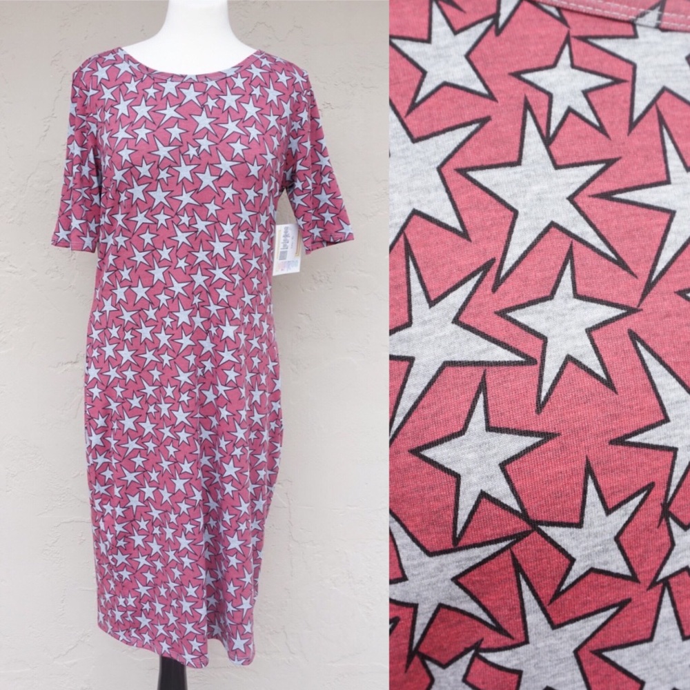 ⬇️ $25 NWT LuLaRoe Julia Dress Pink Grey Stars XL